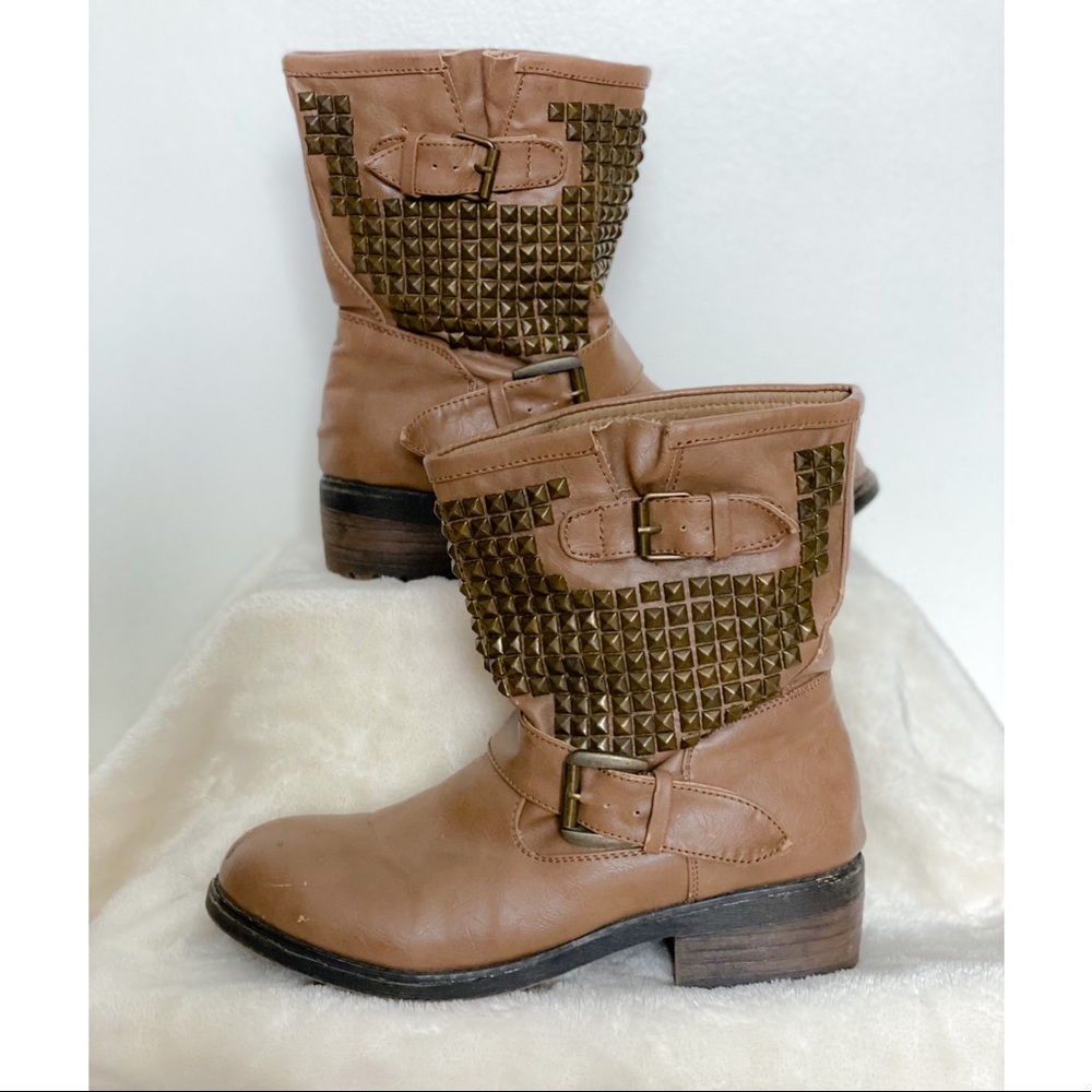 Bamboo Studded Combat Buckle Boots